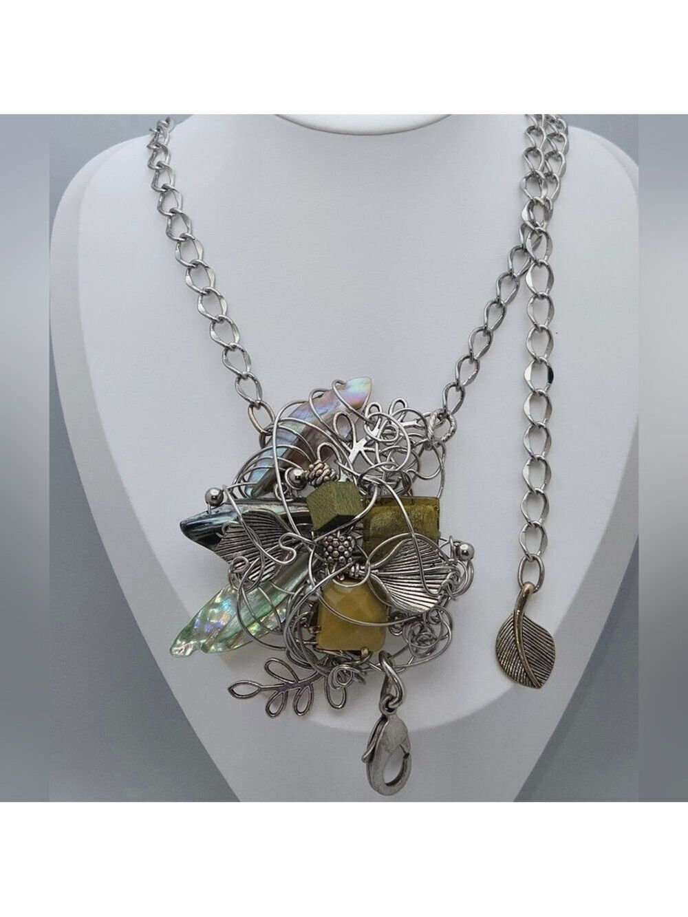 Handmade Wirework Statement Necklace Shell & Mixed Stones Silver Tone